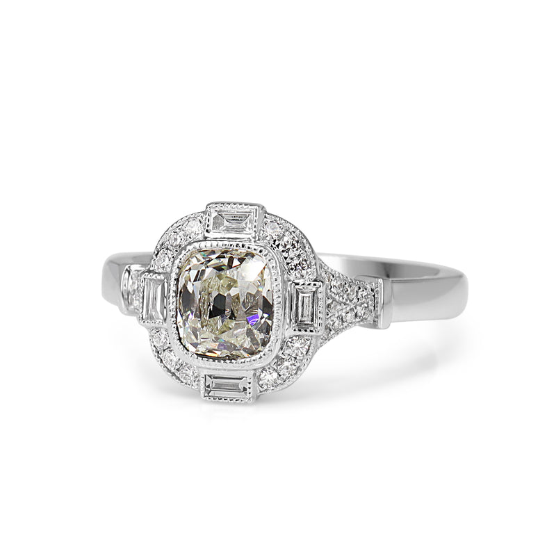 18ct White Gold Art Deco Style Old Mine Cut and Baguette Diamond Halo Ring
