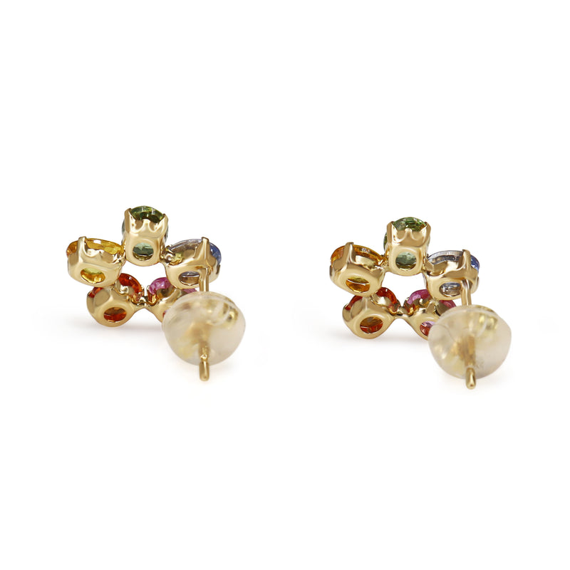 18ct Yellow Gold Rainbow / Multi Colour Sapphire Daisy Style Earrings