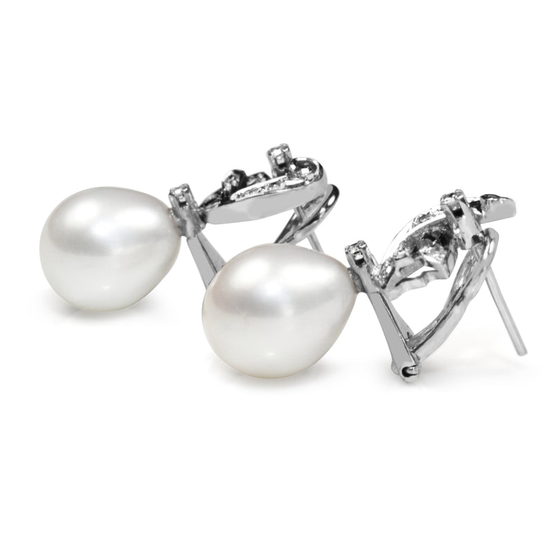 Palladium Vintage 11mm Fresh Water Pearl and Single Cut Diamond Earrings