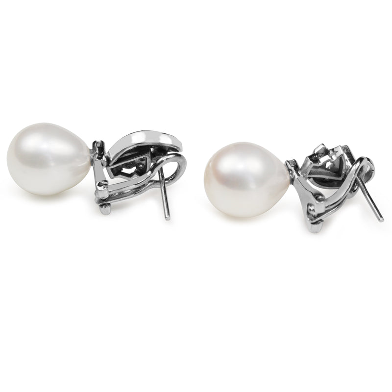 Palladium Vintage 11mm Fresh Water Pearl and Single Cut Diamond Earrings