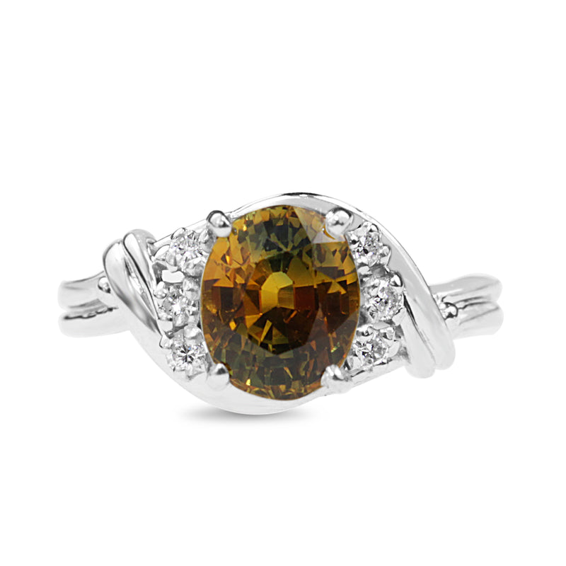 Platinum Yellow / Green Parti Sapphire and Diamond Vintage Ring