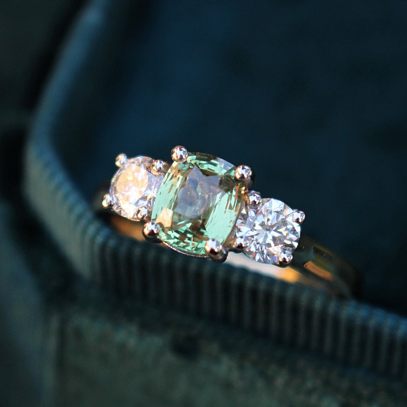 18ct Yellow and White Gold Natural Alexandrite and Diamond 3 Stone Ring