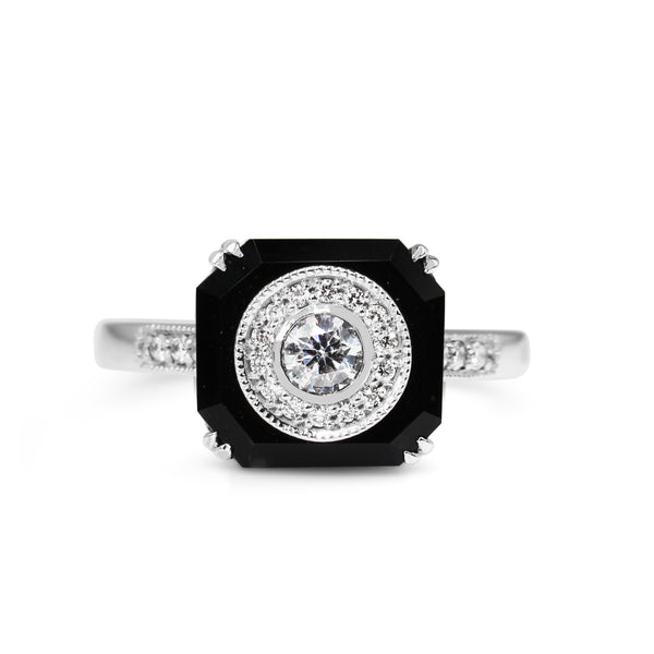 9ct White Gold Onyx and Diamond Halo Art Deco Style Ring