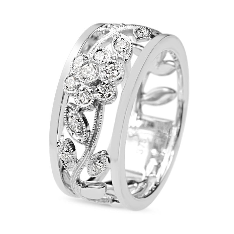 9ct White Gold Floral Diamond Band Ring