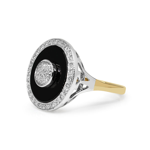 9ct Yellow and White Gold Onyx and Diamond Halo Cluster Art Deco Style Ring