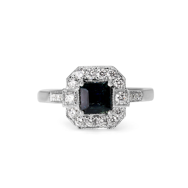 18ct White Gold Sapphire and Diamond Art Deco Style Halo Ring