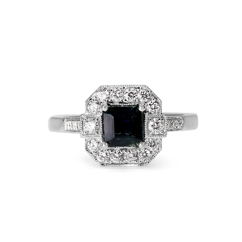 18ct White Gold Sapphire and Diamond Art Deco Style Halo Ring