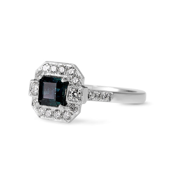 18ct White Gold Sapphire and Diamond Art Deco Style Halo Ring