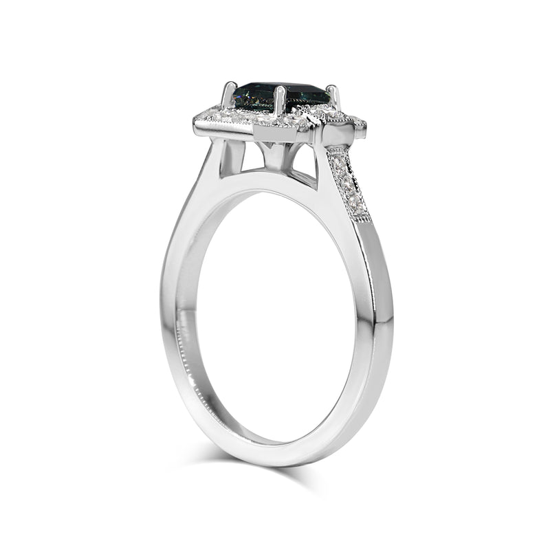 18ct White Gold Sapphire and Diamond Art Deco Style Halo Ring