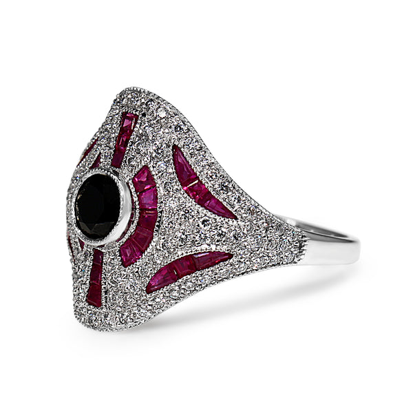 18ct White Gold Ruby, Onyx and Diamond Art Deco Style Ring