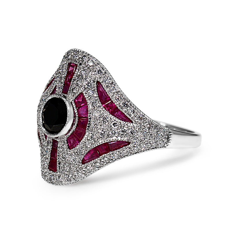 18ct White Gold Ruby, Onyx and Diamond Art Deco Style Ring