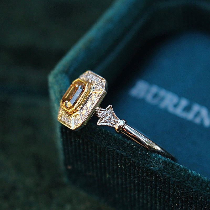 18ct White and Yellow Gold Deco Style Champagne Diamond Halo Ring