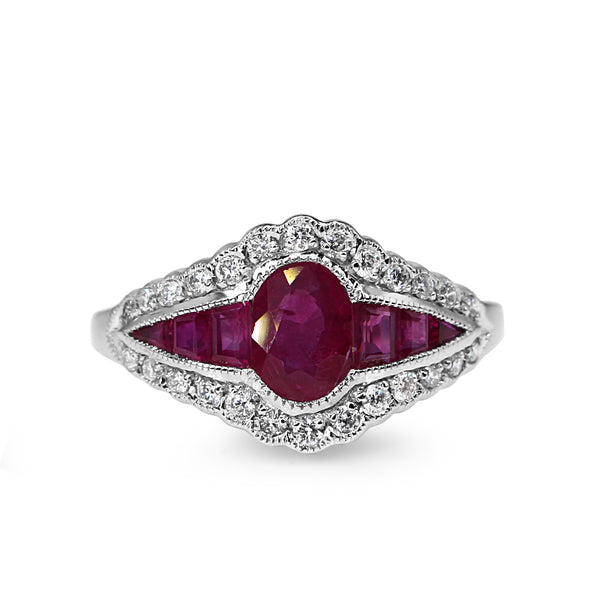 18ct White Gold Ruby and Diamond Art Deco Style Ring