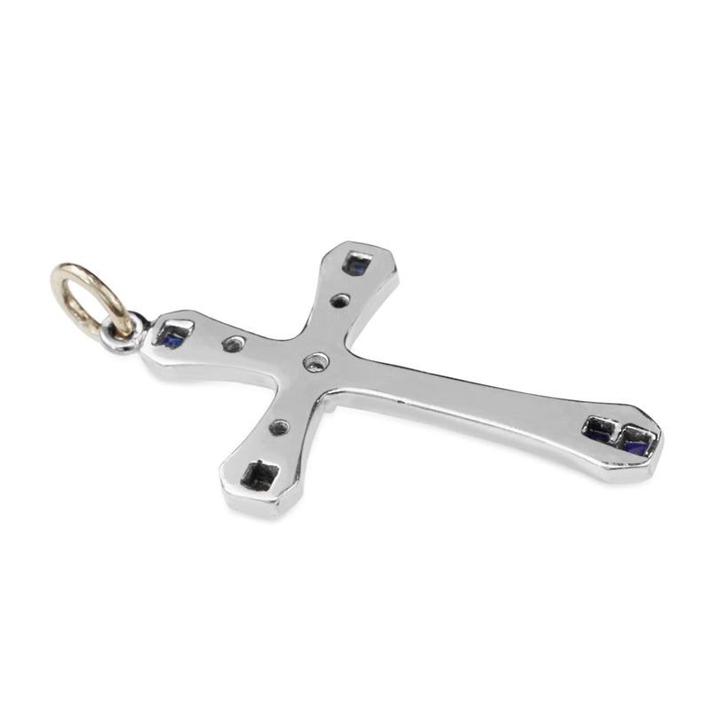 9ct White Gold Single Cut White and Yellow Diamond and Sapphire Cross Necklace