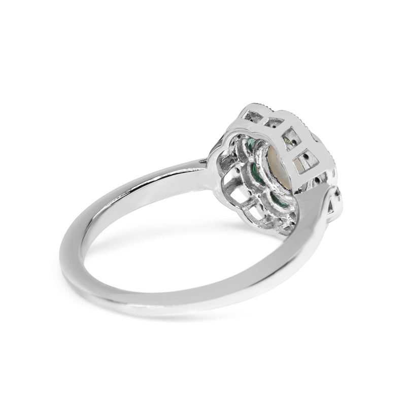9ct White Gold Moonstone, Emerald and Diamond Daisy Ring