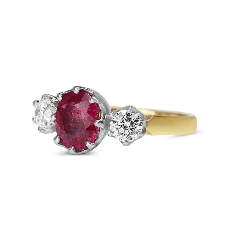 18ct Yellow and White Gold Vintage Style Ruby and Diamond 3 Stone Ring