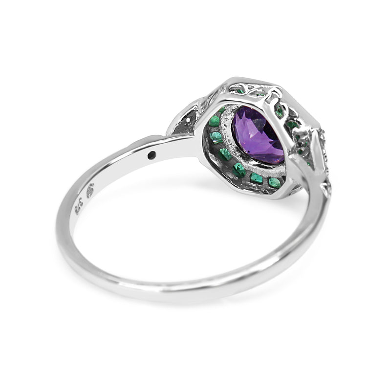 9ct White Gold Amethyst, Emerald and Diamond Deco Style Ring