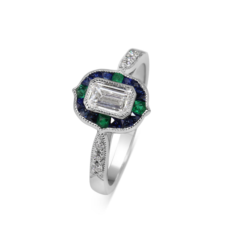 Platinum Emerald Cut Diamond with Sapphire and Emerald Art Deco Style Halo