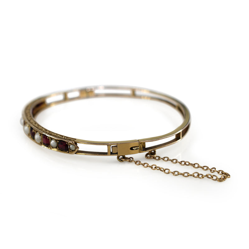 9ct Yellow Gold Antique Garnet and Pearl Bangle