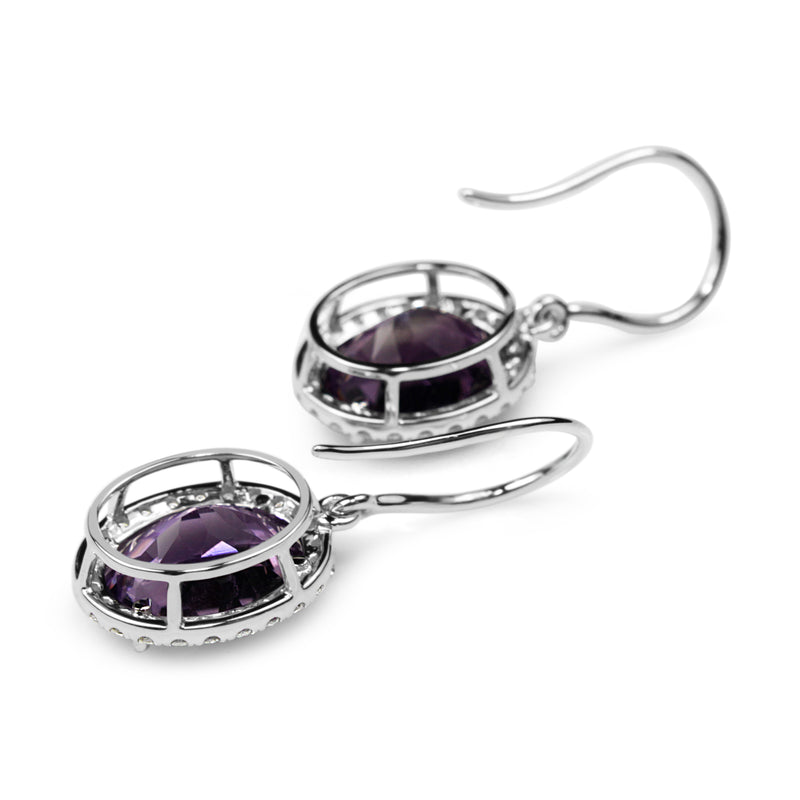 18ct White Gold Amethyst and Diamond Halo Drop Earrings
