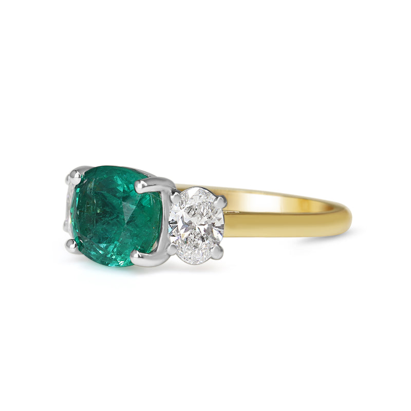 18ct Yellow and White Gold East West Emerald and Oval Diamond Ring