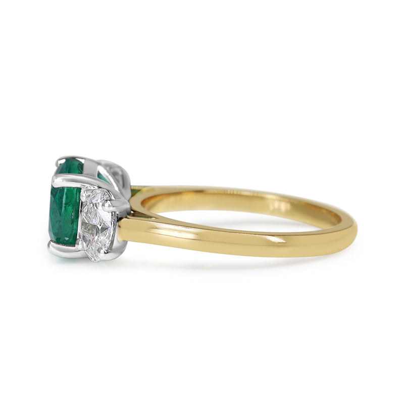 18ct Yellow and White Gold East West Emerald and Oval Diamond Ring