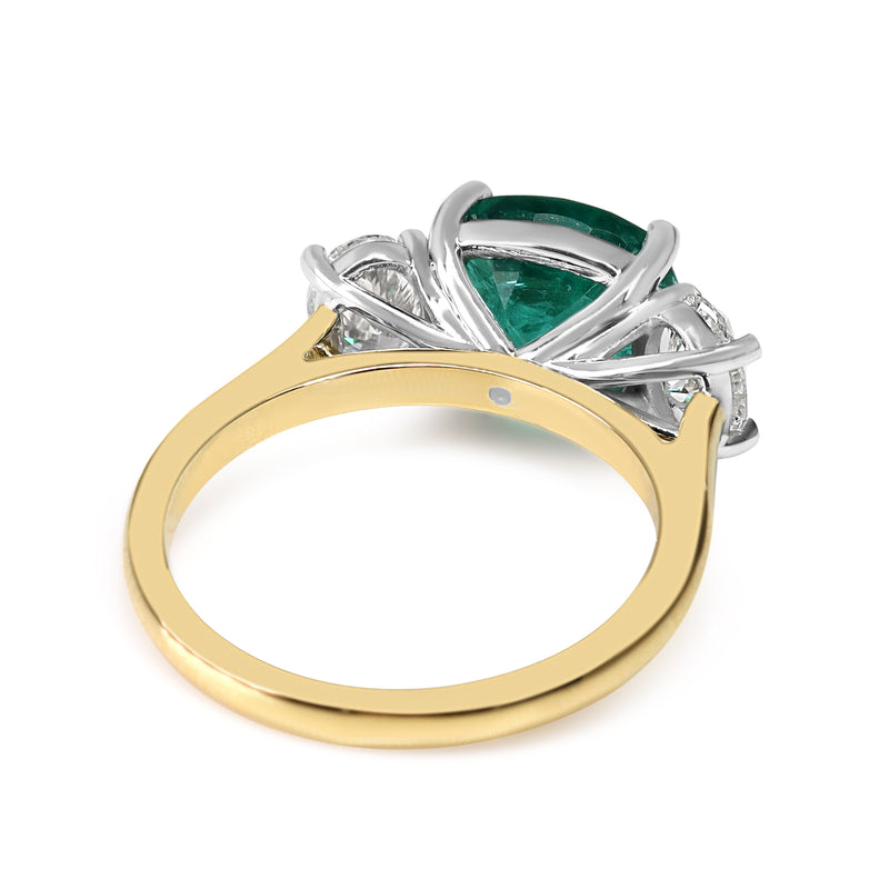 18ct Yellow and White Gold East West Emerald and Oval Diamond Ring