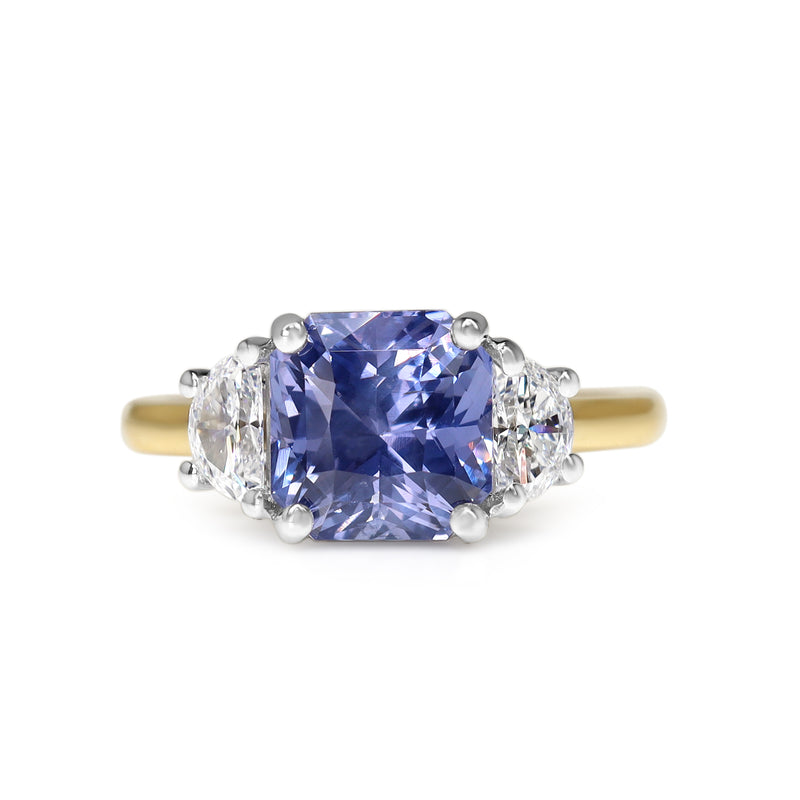 18ct Yellow and White Gold Colour Change Violet - Blue Sapphire and Half Moon Diamond 3 Stone Ring