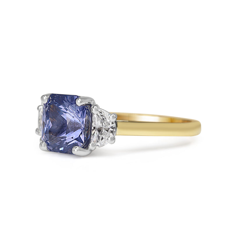 18ct Yellow and White Gold Colour Change Violet - Blue Sapphire and Half Moon Diamond 3 Stone Ring