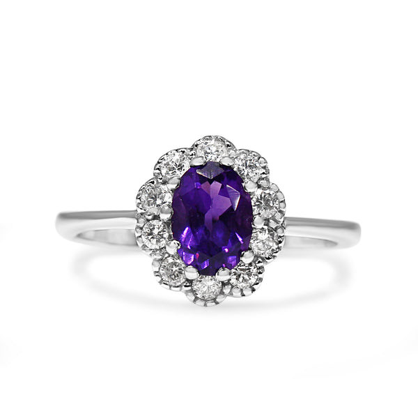 9ct White Gold Amethyst and Diamond Daisy Ring