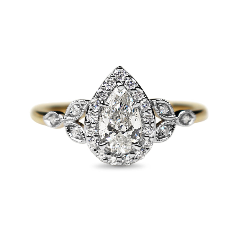 18ct Yellow and White Gold Vintage Style Pear Halo Diamond Ring