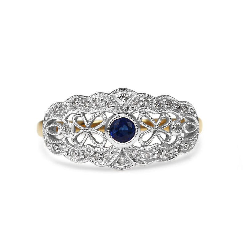 9ct Yellow and White Gold Sapphire and Diamond Vintage Style Ring