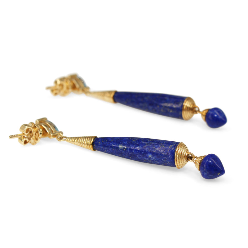 9ct Yellow Gold Lapis and Topaz Long Drop Earrings
