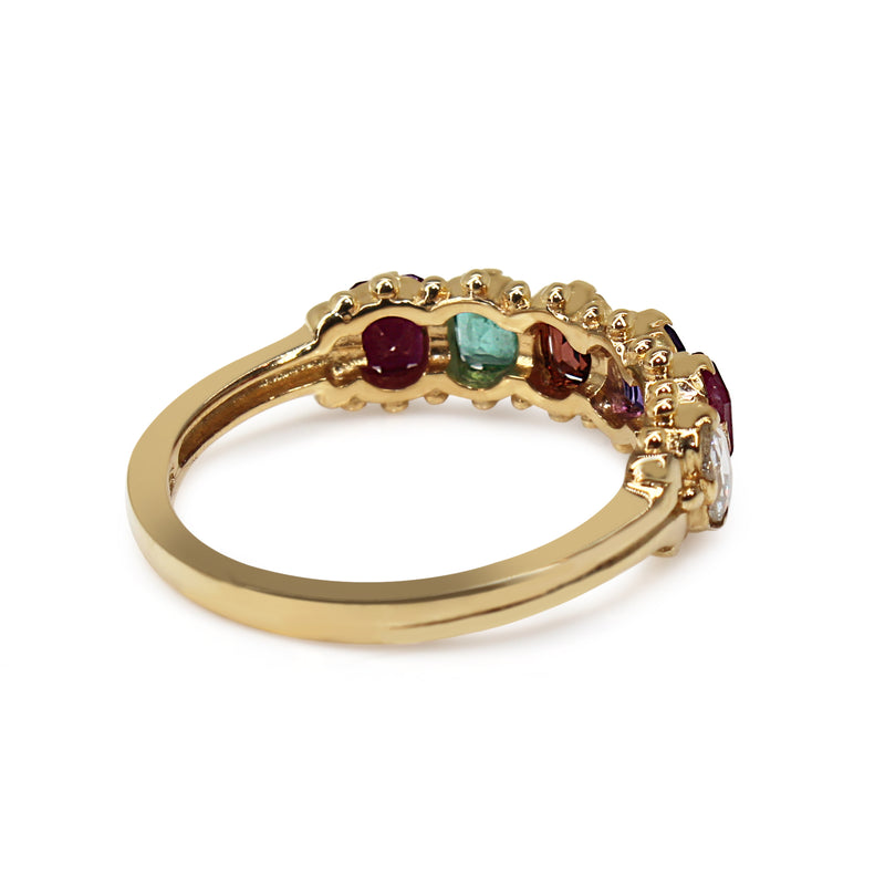 9ct Yellow Gold Ruby, Emerald, Garnet, Amethyst and Diamond REGARD Ring