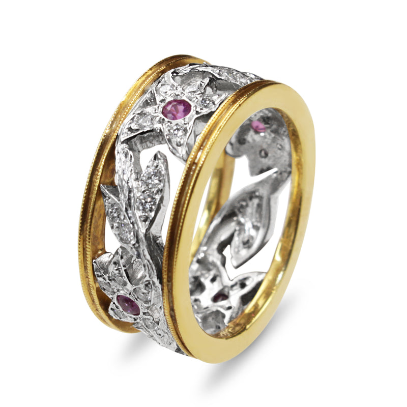 18ct Yellow Gold and Platinum Pink Sapphire and Diamond Band