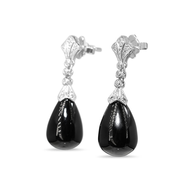 9ct White Gold Deco Style Onyx and Diamond Drop Earrings