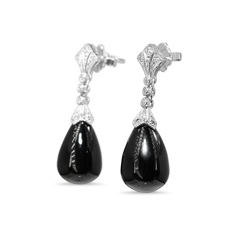 9ct White Gold Deco Style Onyx and Diamond Drop Earrings