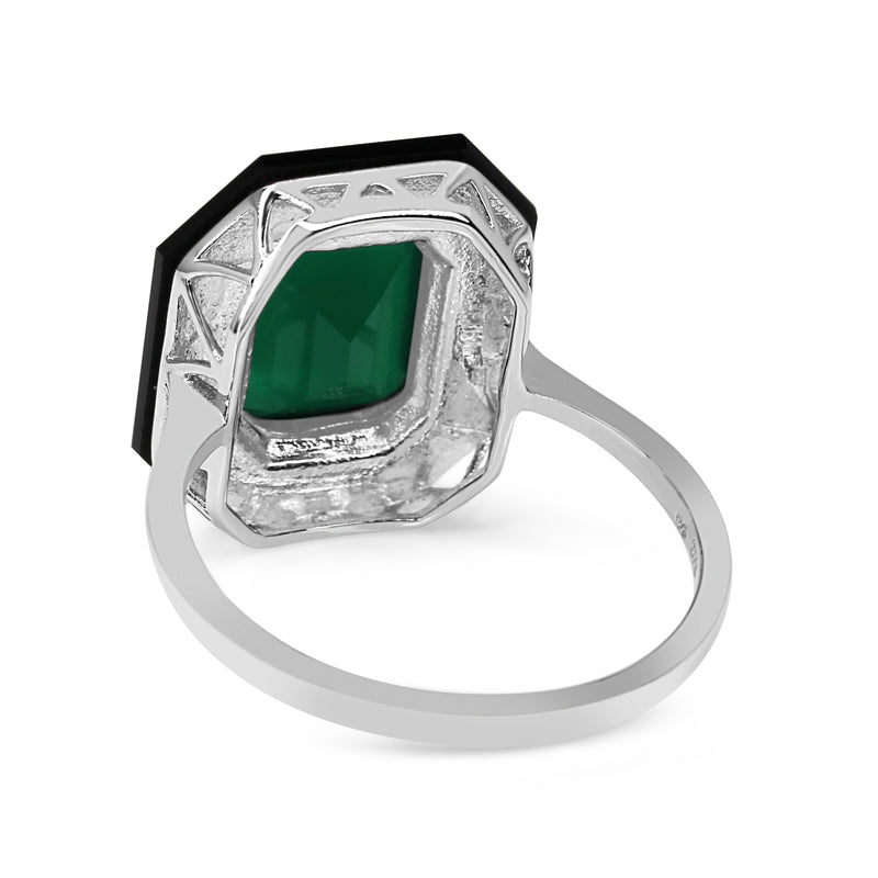 9ct White Gold Onyx and Green Agate Deco Style Ring