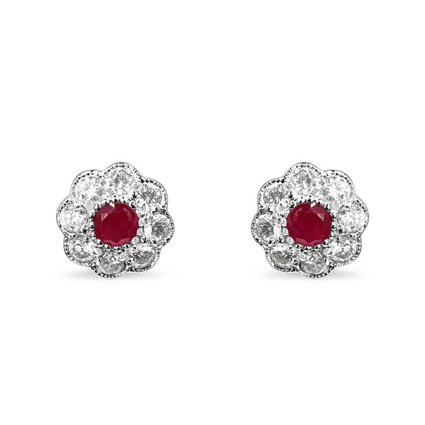 9ct White Gold Ruby and Diamond Daisy Stud Earrings