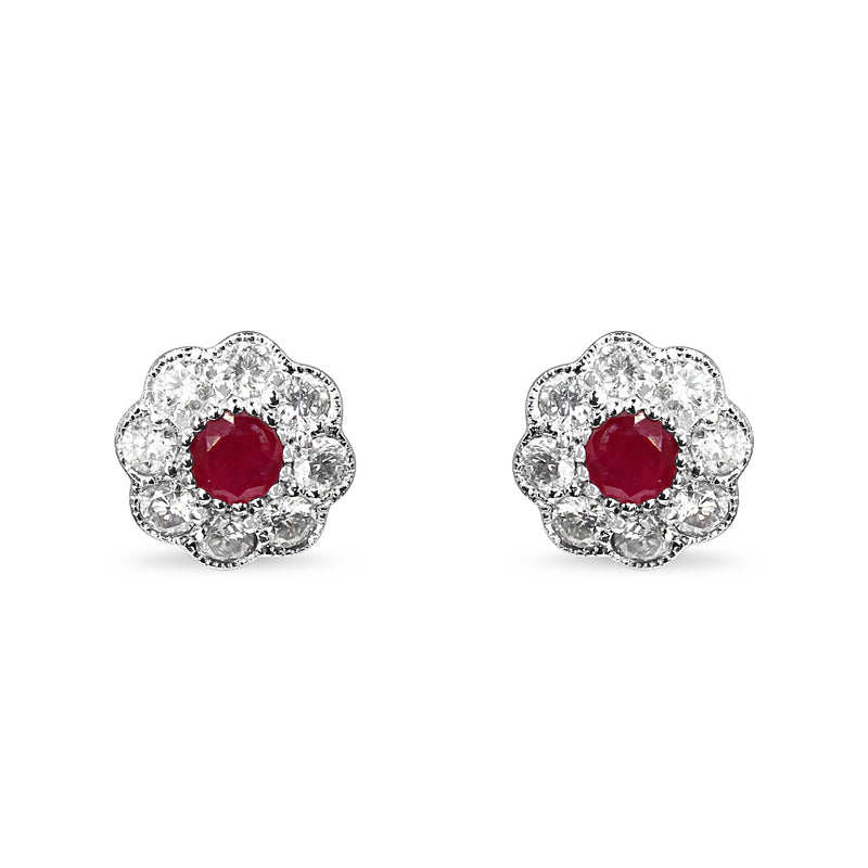 9ct White Gold Ruby and Diamond Daisy Stud Earrings