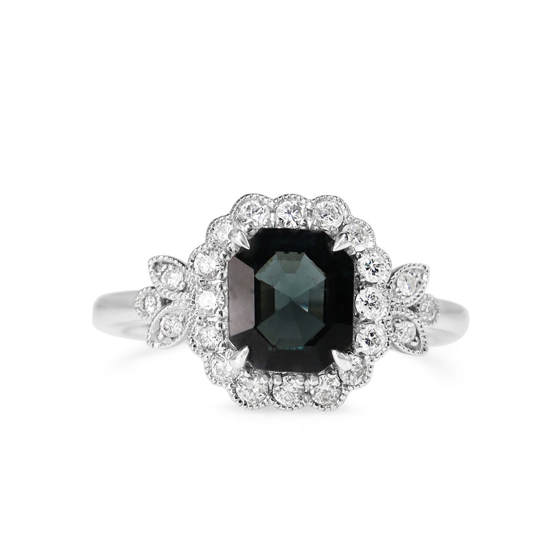 18ct White Gold Blue Spinel and Diamond Flower Style Ring
