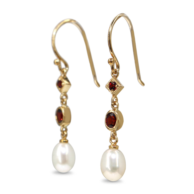 9ct Yellow Gold Garnet and Pearl Drop Earrings
