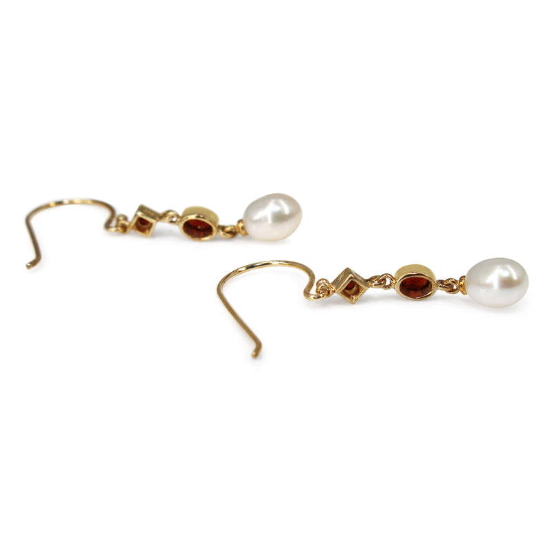 9ct Yellow Gold Garnet and Pearl Drop Earrings