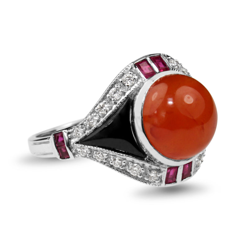 9ct White Gold Deco Style Carnelian, Ruby, Diamond and Onyx Ring