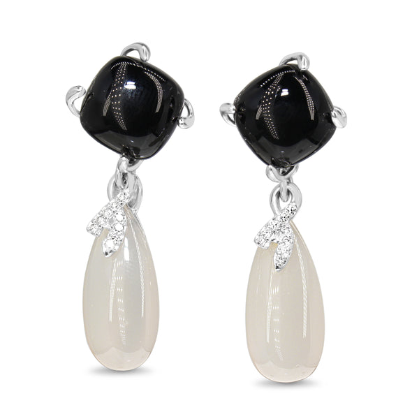9ct White Gold Chalcedony, Diamond and Onyx Drop Earrings