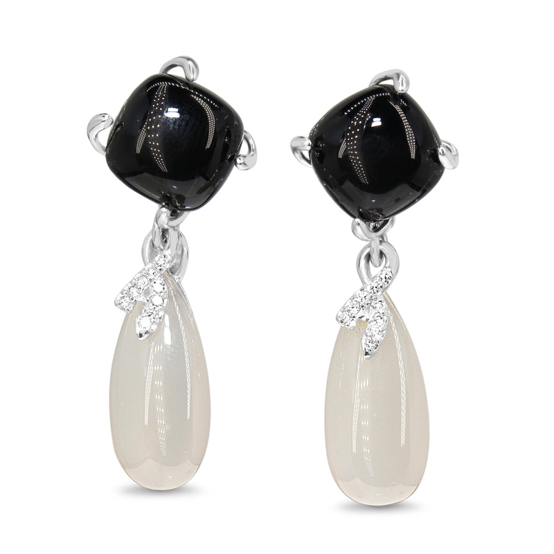 9ct White Gold Chalcedony, Diamond and Onyx Drop Earrings