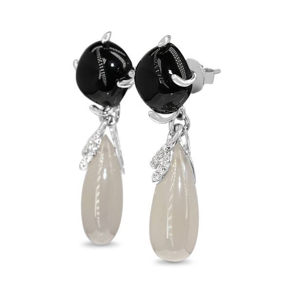 9ct White Gold Chalcedony, Diamond and Onyx Drop Earrings