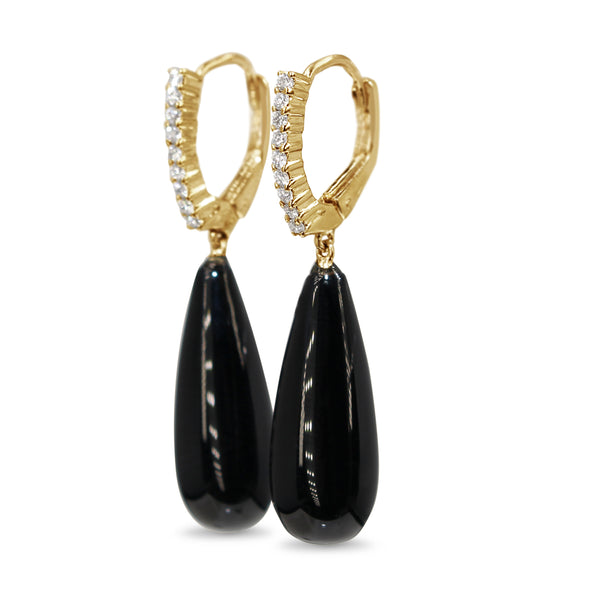 18ct Yellow Gold Diamond and Onyx Drop Earrings
