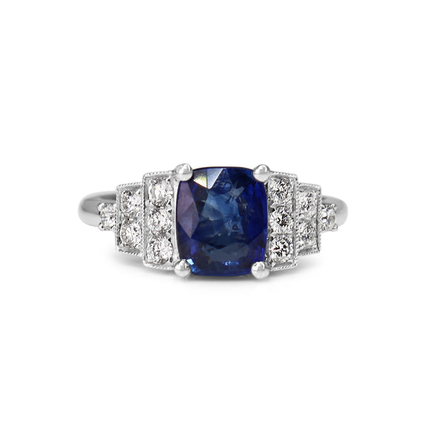 18ct White Gold Cushion Sapphire and Art Deco Style Stepped Down Diamond Ring