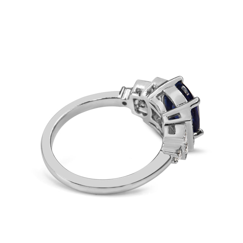 18ct White Gold Cushion Sapphire and Art Deco Style Stepped Down Diamond Ring